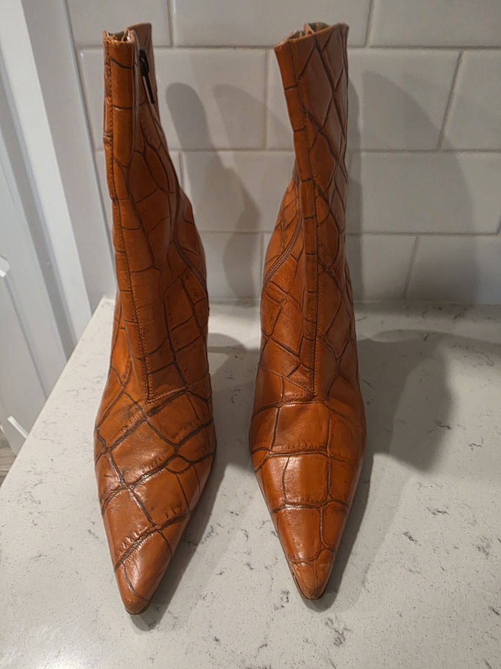 Women's Croc-Embossed Pointed Toe Ankle Boots - Orange - Picture 2 of 8